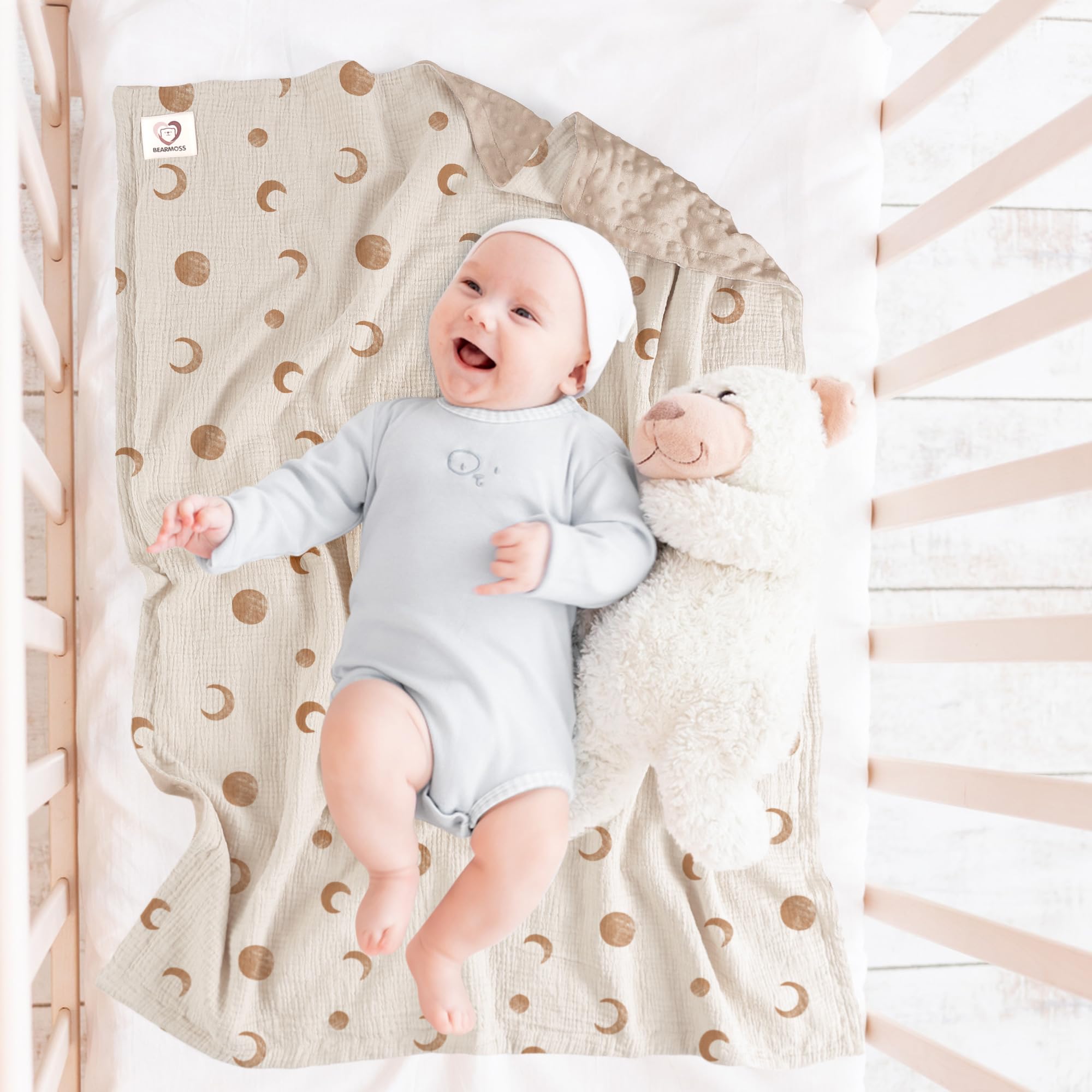 bearmoss Baby Blanket Soft Nursery Crib Blankets with Muslin Cotton Front and Dotted Fleece Back for Unisex Baby Girls Boys Newborns Toddlers 76x100cm (Brown Moon) - Image 2