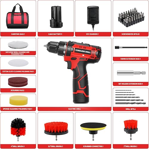 Miniatura 6 de Kit de taladro inalámbrico, juego de taladro eléctrico de 12 V con batería de 2.0 Ah y cargador, kit de herramientas de controlador compacto,