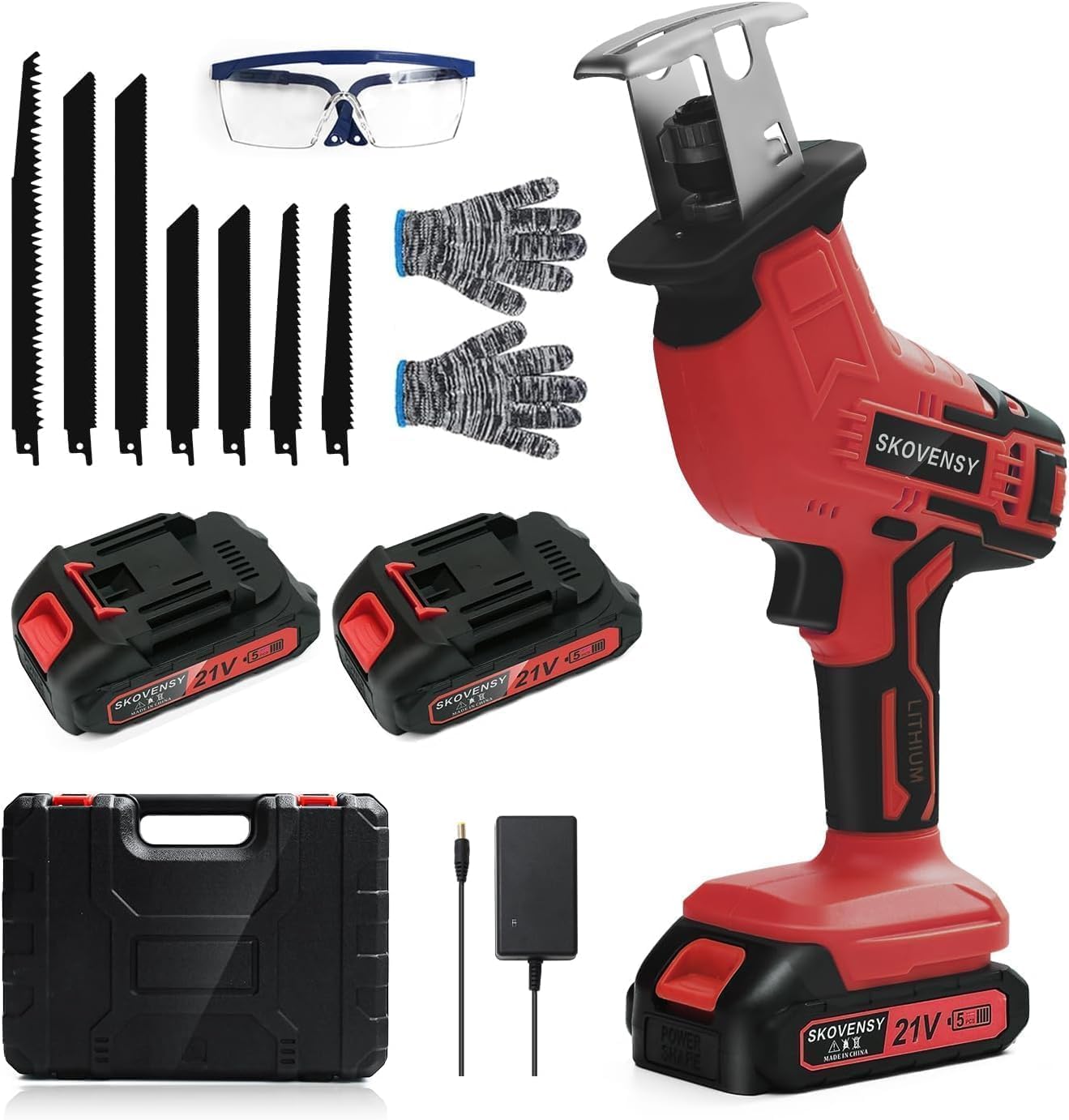 Cordless Reciprocating Saw for Home & Outdoor Use, 2×2.0Ah Batteries, Variable Speed, Red Compact Saw Kit with Blades for Wood/Metal/PVC Cutting – Ideal for DIYers & Gardeners in All Seasons