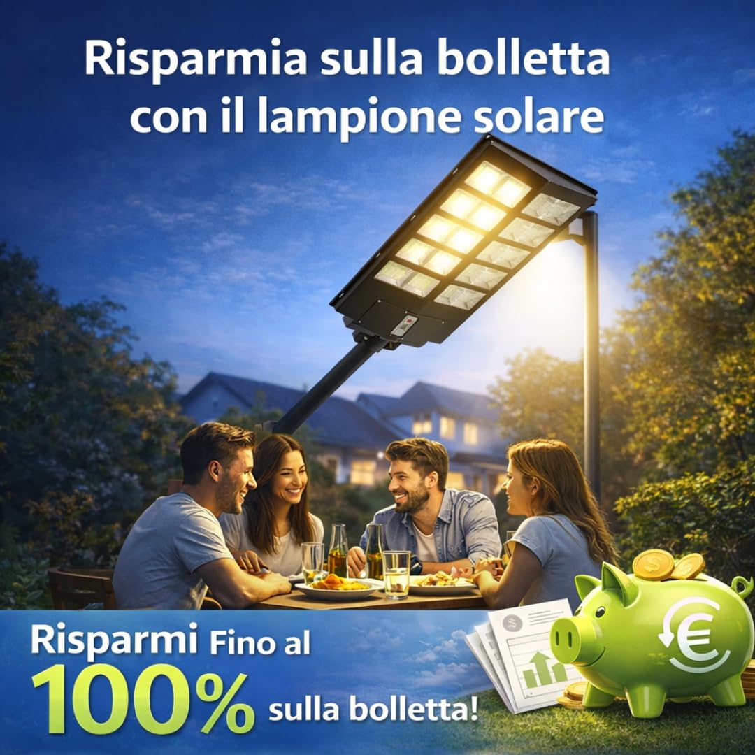 DE ROSA SHOP Lampione LED Esterno con Pannello Solare 1200W, 6500K Bianco Freddo e Sensore Di Movimento 18000mAh, Telecomando + Staffa IP65 Impermeabile