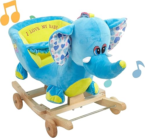 Miniatura 2 de LUCKYERMORE Elefante de caballo mecedora con música divertidacinturón de seguridadruedas, silla mecedora de animales con cinturón de seguridad y