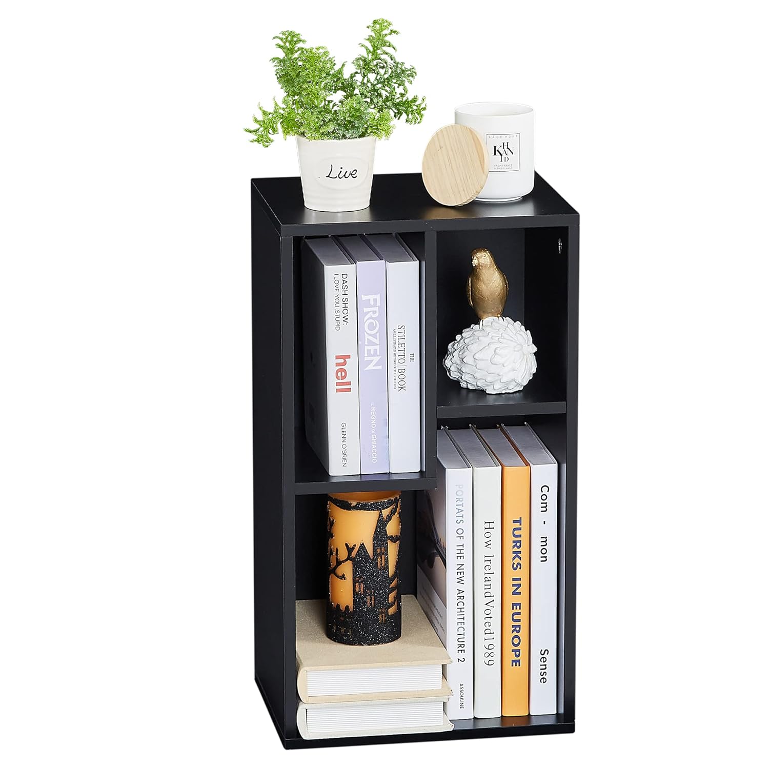 VECELO Vintage Black 3-Cube Open Bookcase Height Difference Shelves Fits Most Books Horizontal Placement 2-Tier Storage for Home