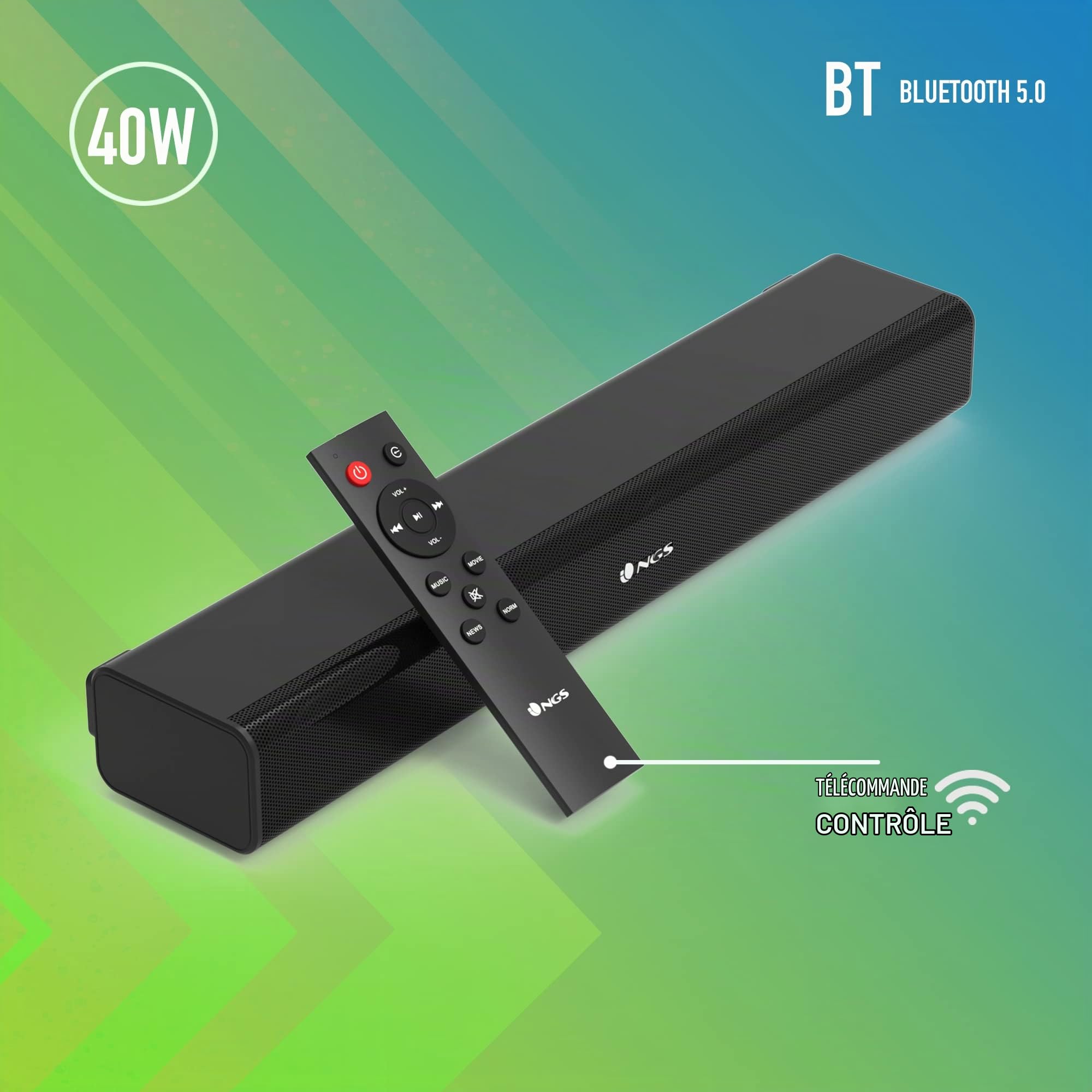 NGS Subway - Barre de Son TV, Soundbar avec Puissance de Sortie 40W, Compatible avec la Technologie Bluetooth 5.0, Entrée Optical-USB-AUX in, Télécommande
