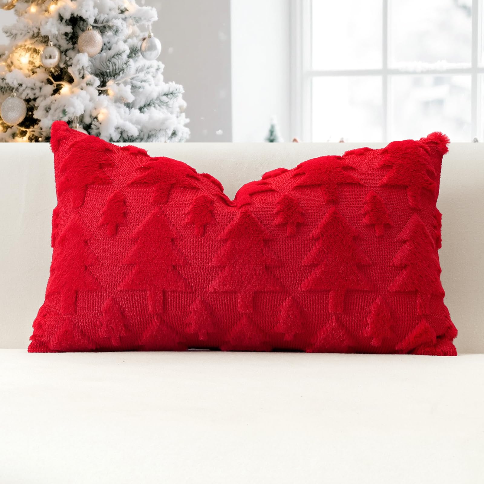 JOTOM Set of 1 Christmas Cushion Cover 40x60cm Christmas Tree Decorative Soft Throw Pillow Cover Plush Faux Fur Winter Holiday Pillow Case for Home Bed Couch Sofa Decor (Red) โ image 1