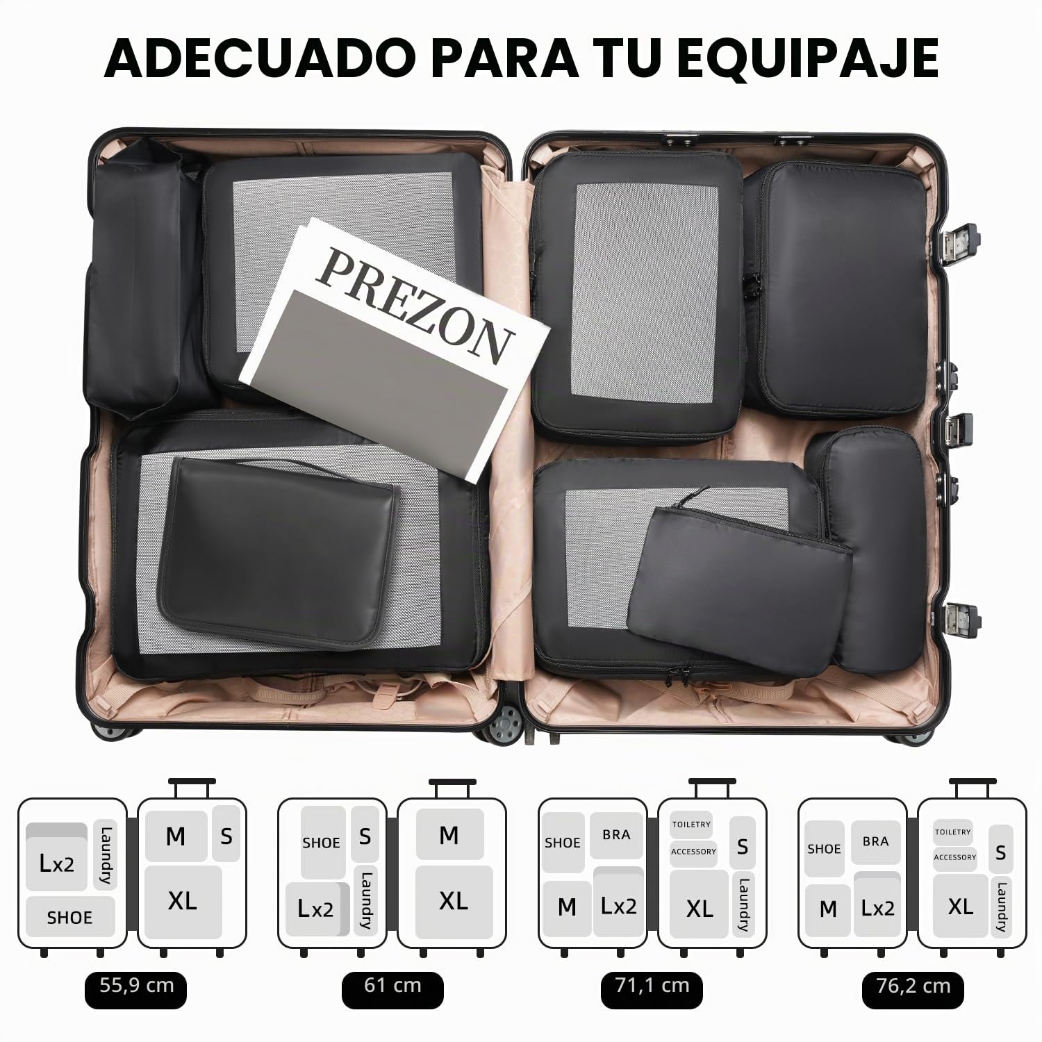 Cubos de embalaje para maletas, juego de 10, organizadores de equipaje ligeros, cubos de embalaje para accesorios de viaje - Negro