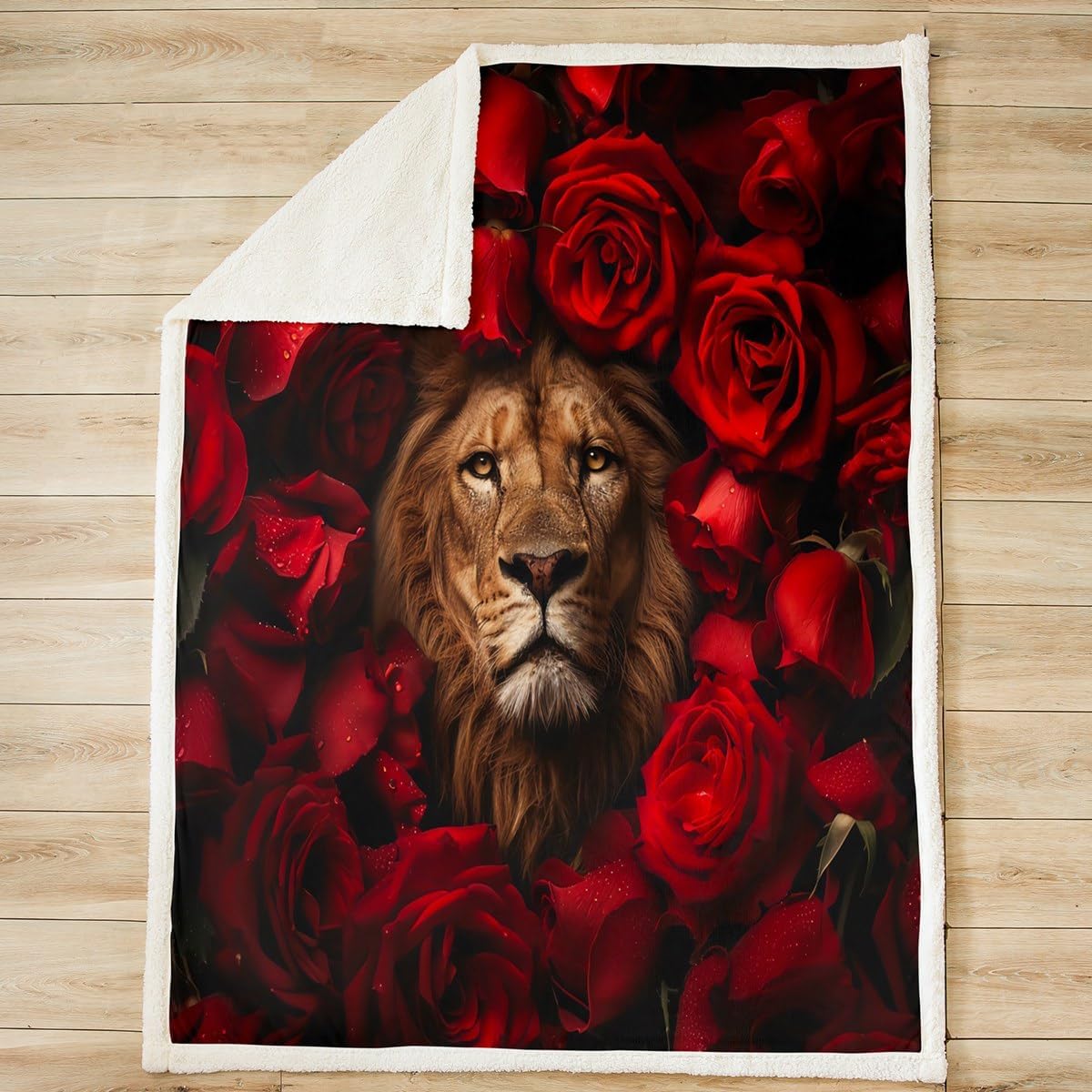 Feelyou Lion Rose Sherpa Blanket Animal Floral Print Fleece Throw Blanket for Kids Boys Girls Nature Theme Design Plush Blanket Safari Print Fuzzy Blanket for Sofa Bed Couch,Twin 60x80 Inches