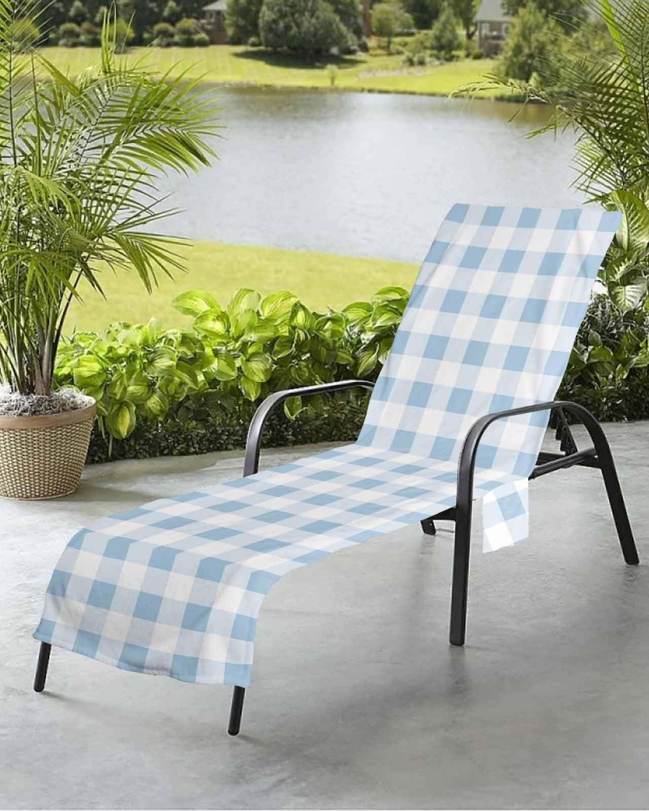 Buffalo Plaid Blue Beach Chair Towel Covers for Chaise Lounge with Side Pocket, Soft Plush Pool Towels Cover for Patio Sunbathing Outdoor 29''x85'' Country French Simple White Lattice