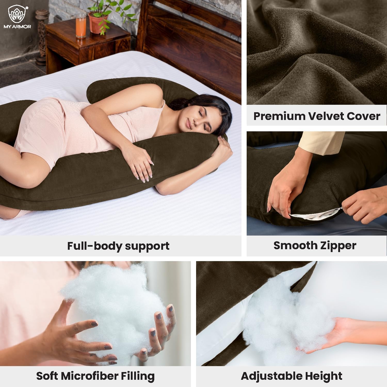 Pregnancy Pillow C Shape for Sleeping, Maternity Pillow for Pregnant Women with Premium Washable Velvet Cover (Brown, Pack of 1)