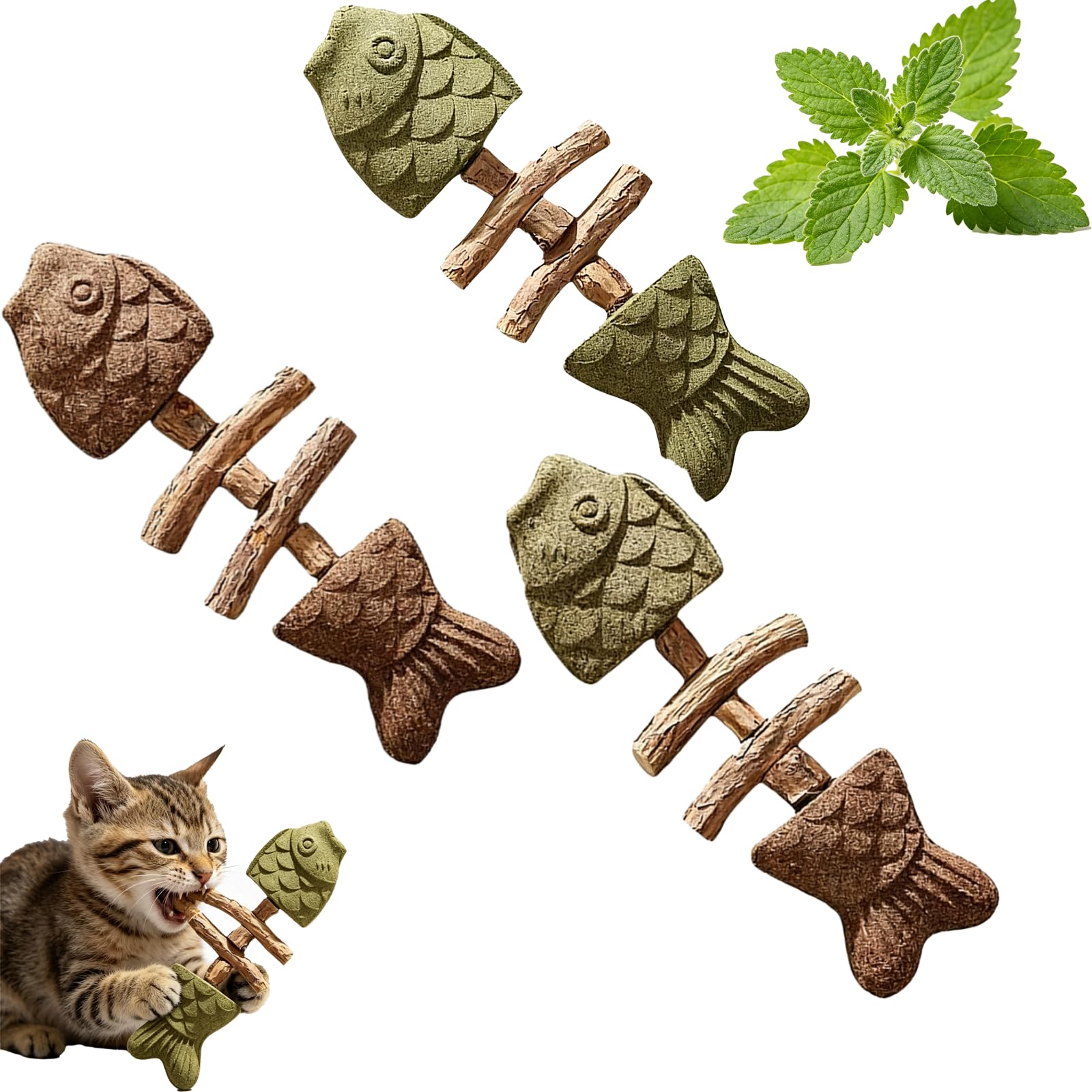 Miepkvl 2026 New Creative Fish Bone Cat Dental Chew Toy, Kitten Teething Toys, Natural Catnip & Silvervine Teeth Cleaning Stick, Fish Bone Teether, Wooden Kitten Teether For Teething (3 PCS)