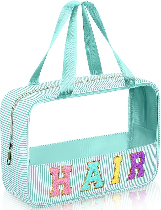 Necessaire transparente Sanwuta em tecido seersucker, azul Lake Blue, com alça e zíper, 1 unidade