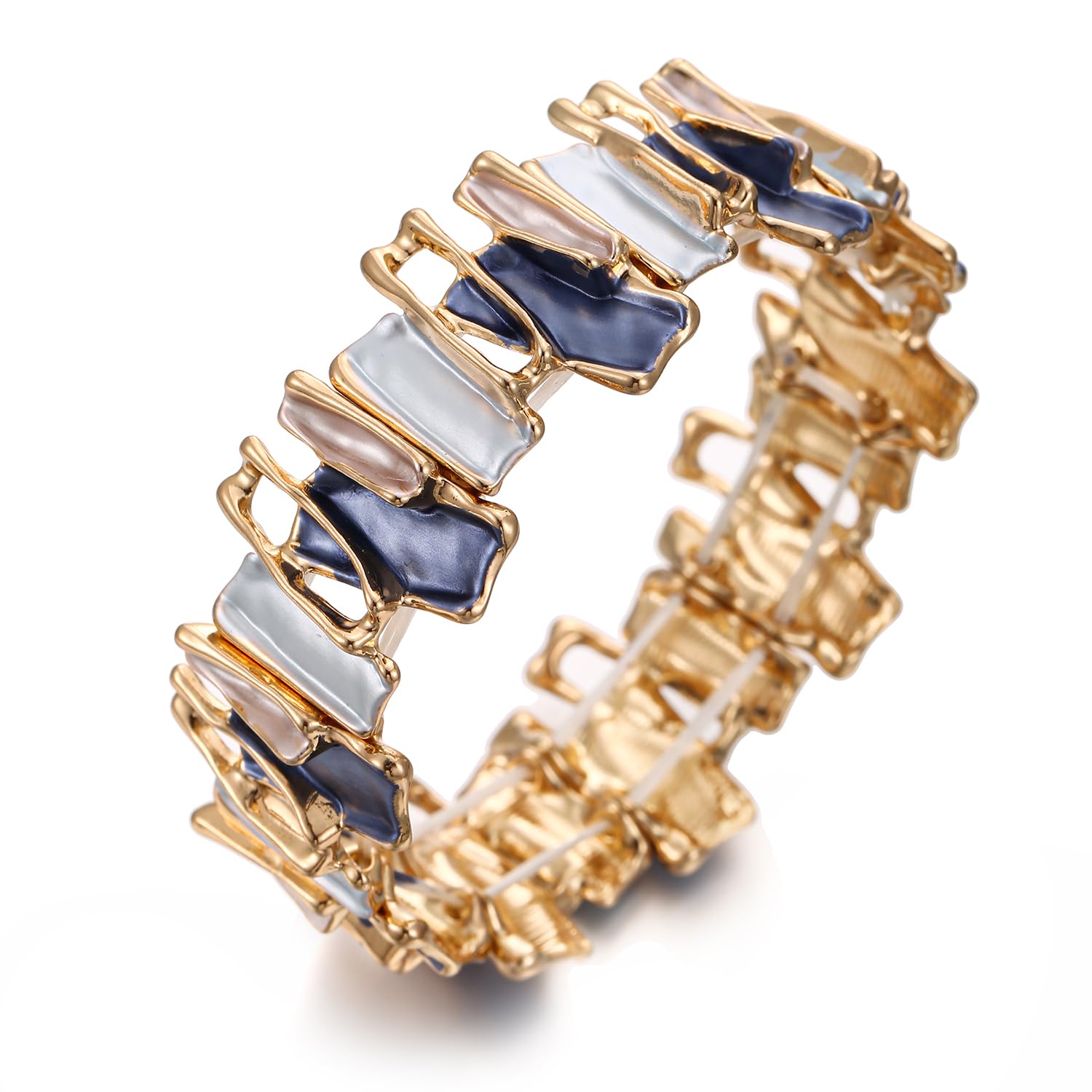 LUREME Vintage Gold Elastic Bracelet for Women - Colorful Enamel Handmade Stretch Cuff, Boho Chunky Metal Bangle (bl003605)