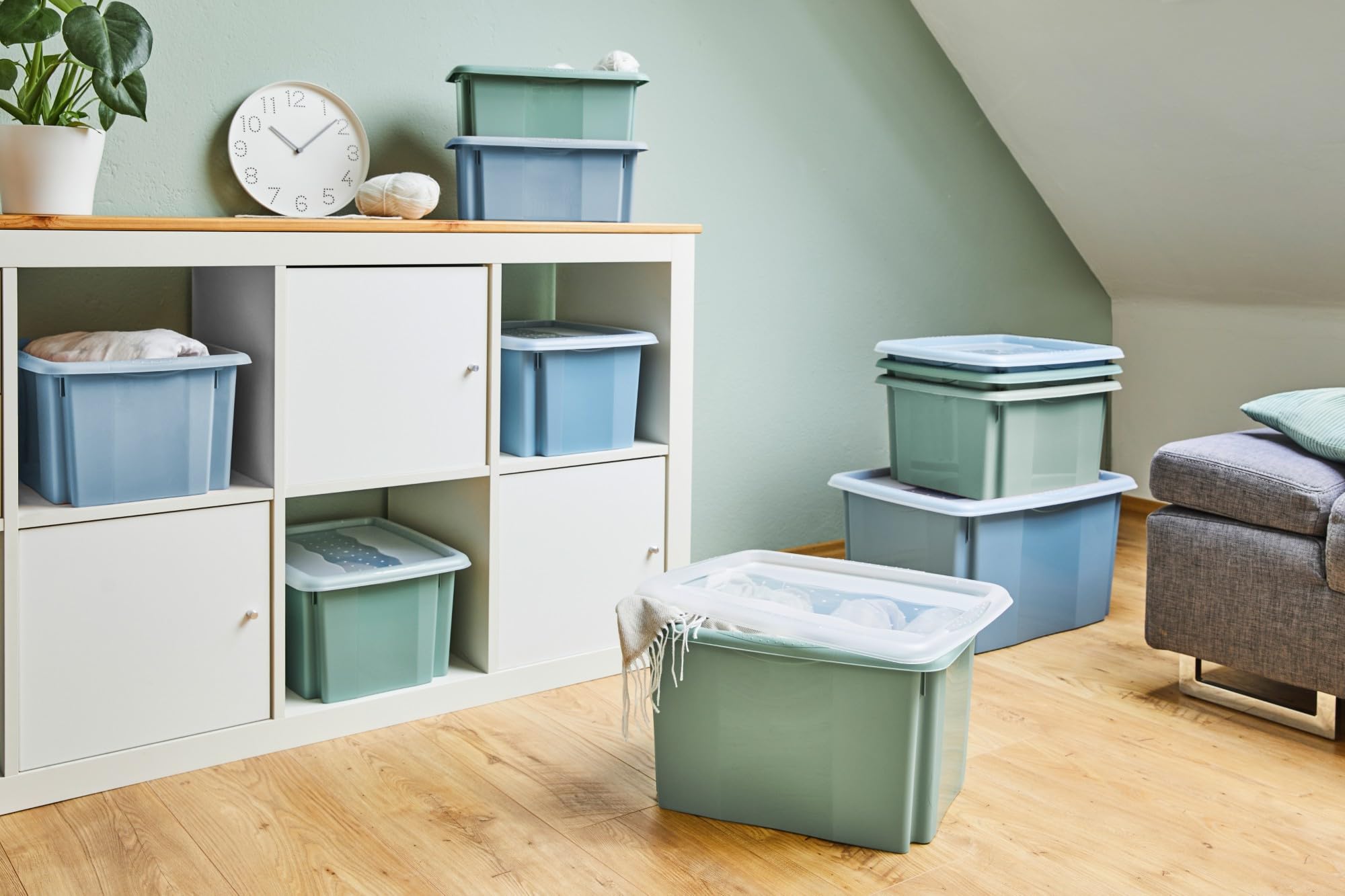 keeeper emil 3x Aufbewahrungsbox mit Dreh-/Stapelsystem, 54,5 x 39 x 29,5 cm, 45 l, Nordic Green