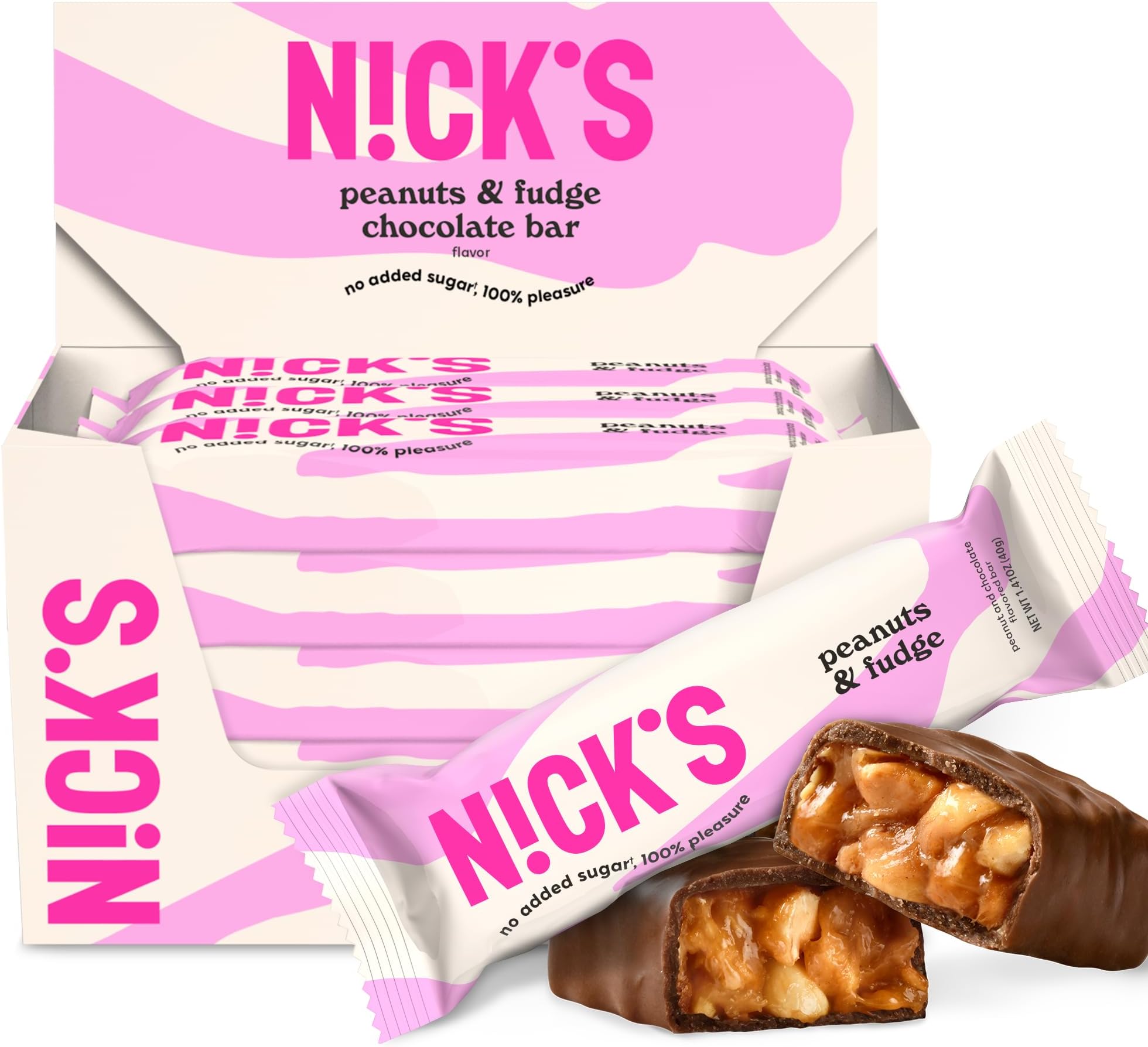 - NICKS Peanuts & Fudge Keto Chocolate Bars No Added Sugar 180 Calories, 4 Net carbs, Gluten Free Sweets Low carb Candy Snack Bar – 15-Pack (40g Each)