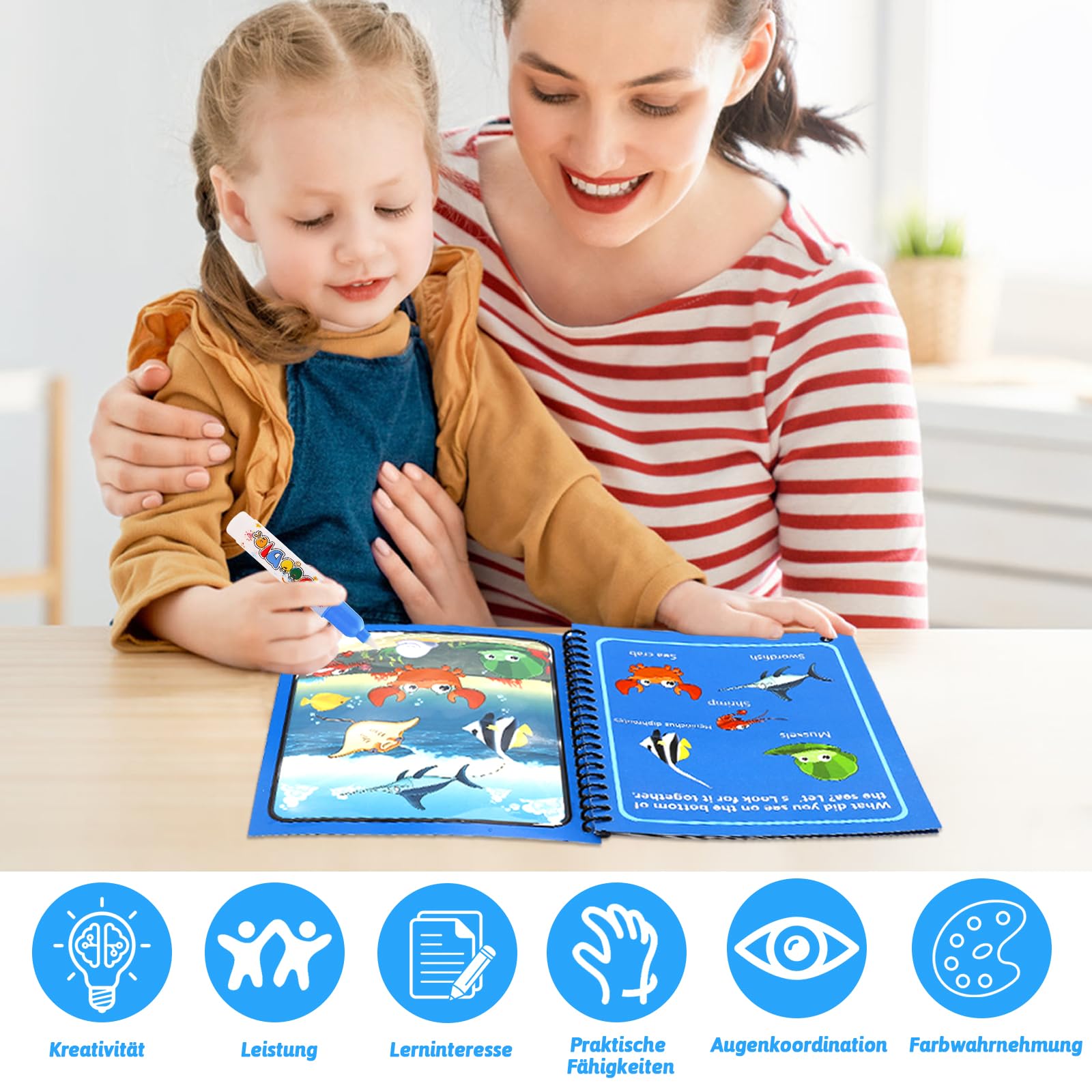 2 libri da colorare ad acqua con 2 penne ad acqua per bambini, riutilizzabili, Aqua Doodle Baby libro da colorare Water Wwow, libro da colorare ad acqua a partire dai 2 anni, Magic Water Book