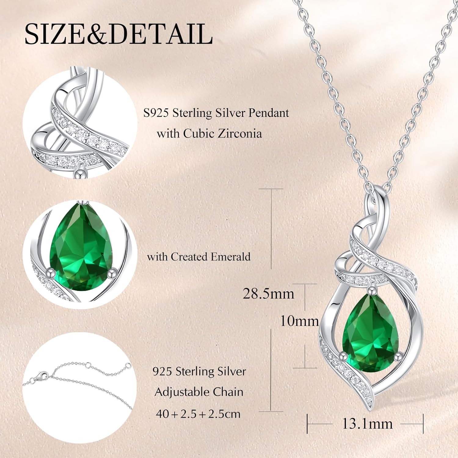 FANCIME Teardrop Gemstone Necklace for Women S925 Sterling Silver Elegant Ribbon Pendent Birthday Gifts for Her, 16"+2" Inches - Image 2