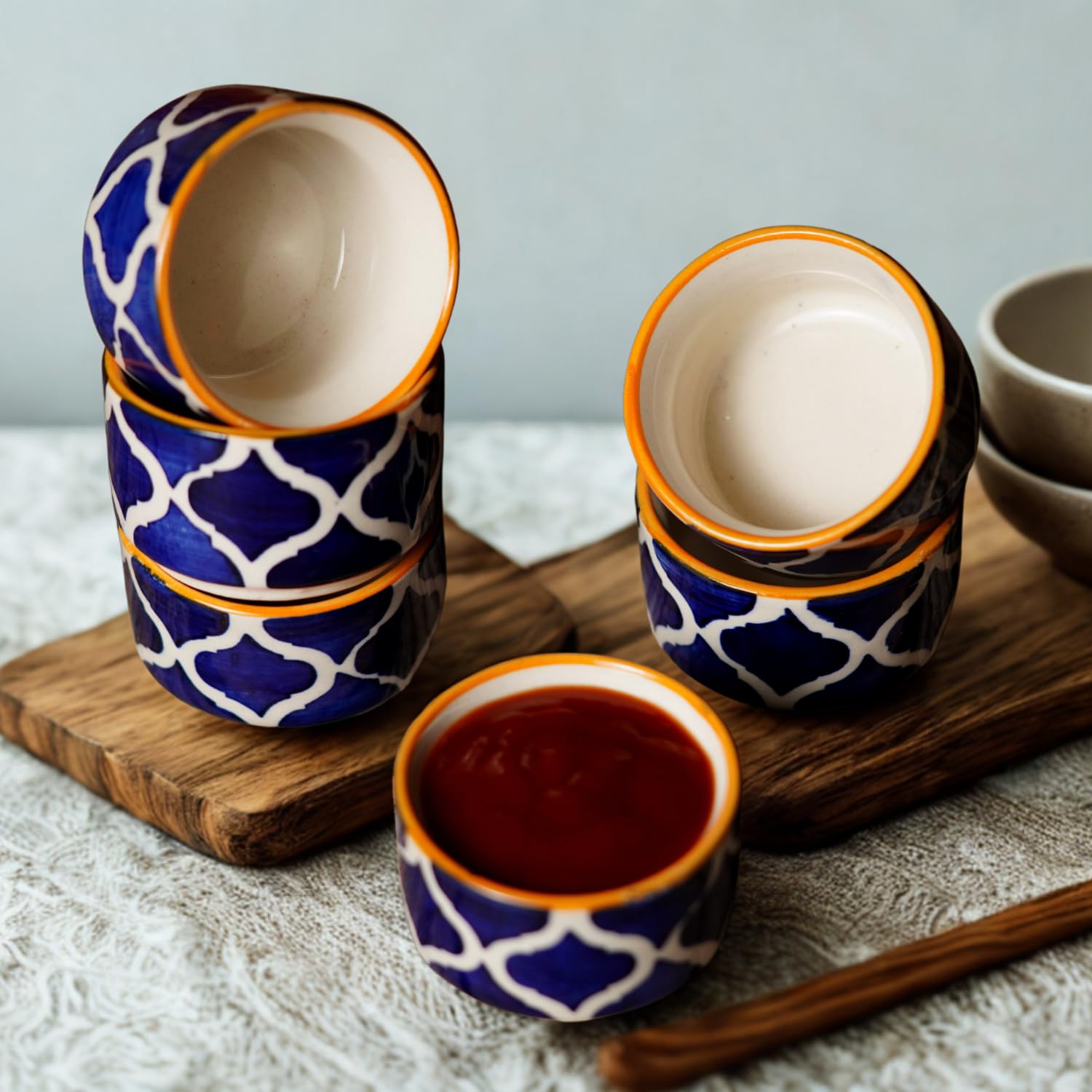 Freakway Handpainted Moroccan/Umrao Pattern Ceramic Dip Bowl/Chutney Bowl/Pickle Bowl/Sauce Bowl/Small Katori Set in Round Shape (50 ML, Small, Set of 6) Yellow