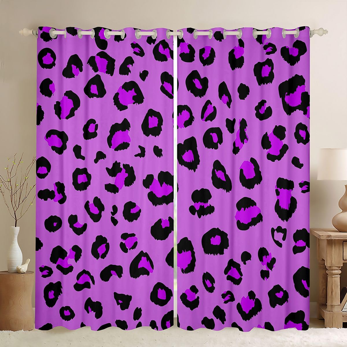 Homewish Geometryczne zasłony zaciemniające 168 x 183 cm – zasłony z oczkami geparda do salonu sypialni – imitacja dżungli, nadruk zwierzęcy, zasłony okienne, 2 panele, lampard, afrykańskie fioletowe