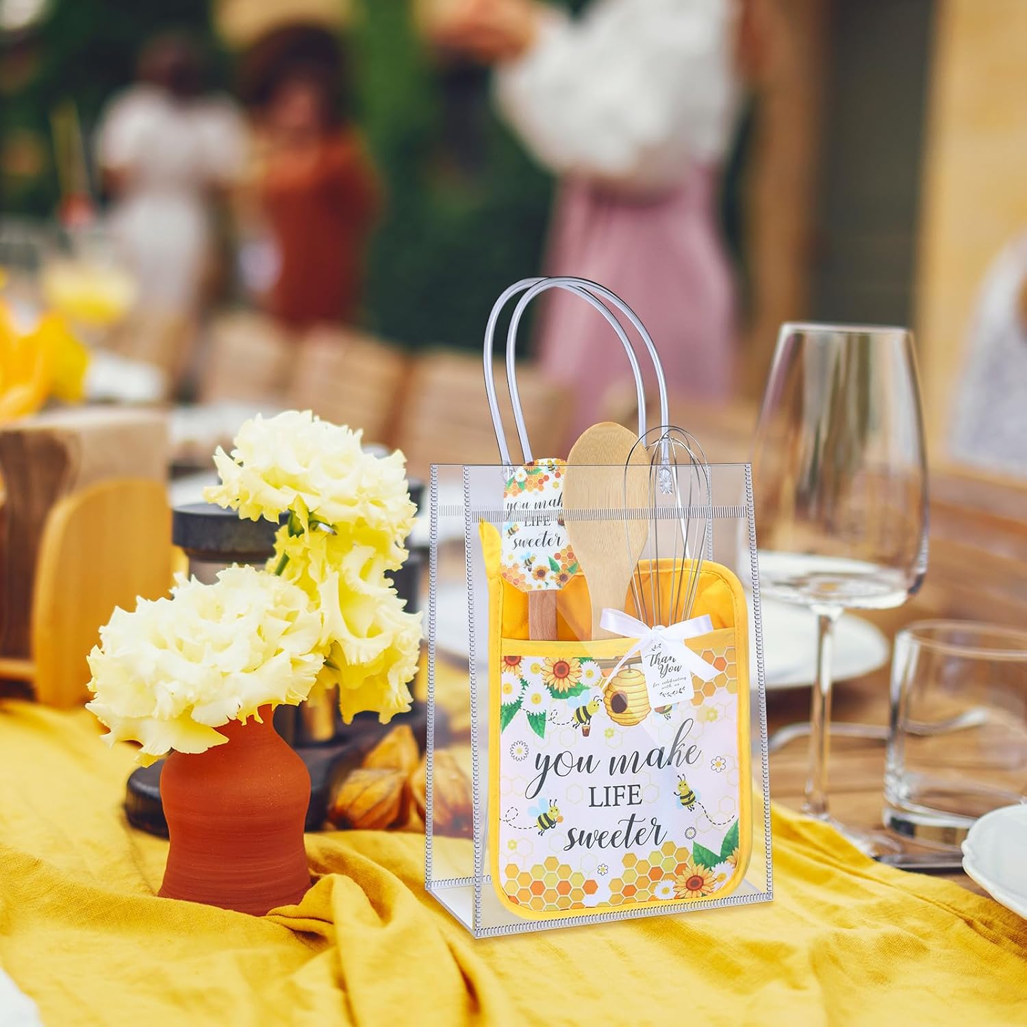 6 Sets Baby Shower Game Prizes for Winners Potholder Silicone Spatula Bamboo Spoon Whisk Gift Bag Set Gifts for Guests Games Prize Wedding Bridal Baby Shower Favors (Honey)