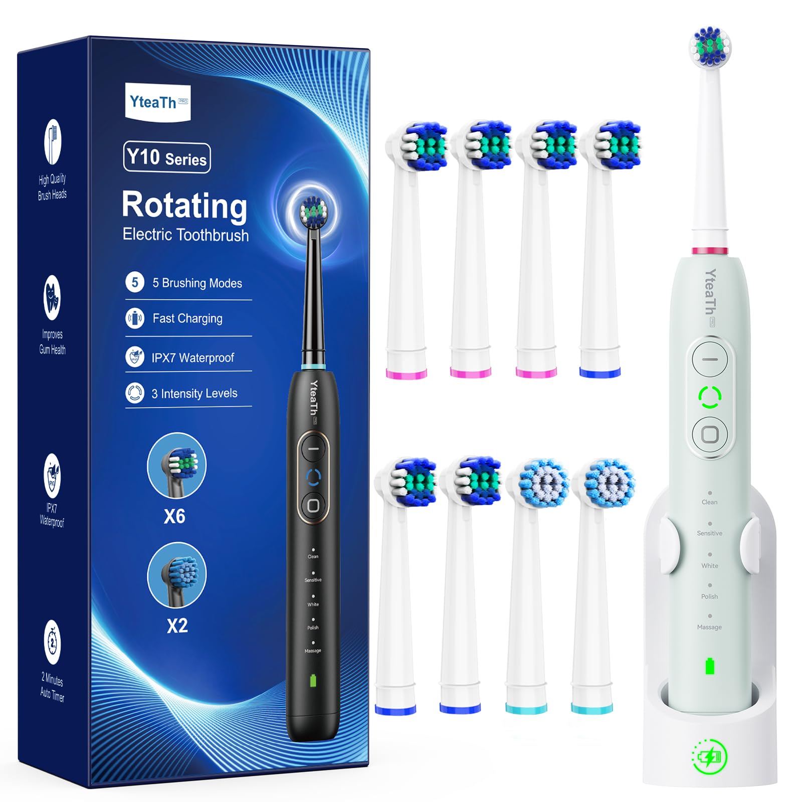 Rotating Electric Toothbrush with 8 Brush Heads for Adults and Kids, 3 Intensities 5 Modes, Wireless Wall Charging Station, Sonic Toothbrush with 2-Minute Smart Timer (Light Green)