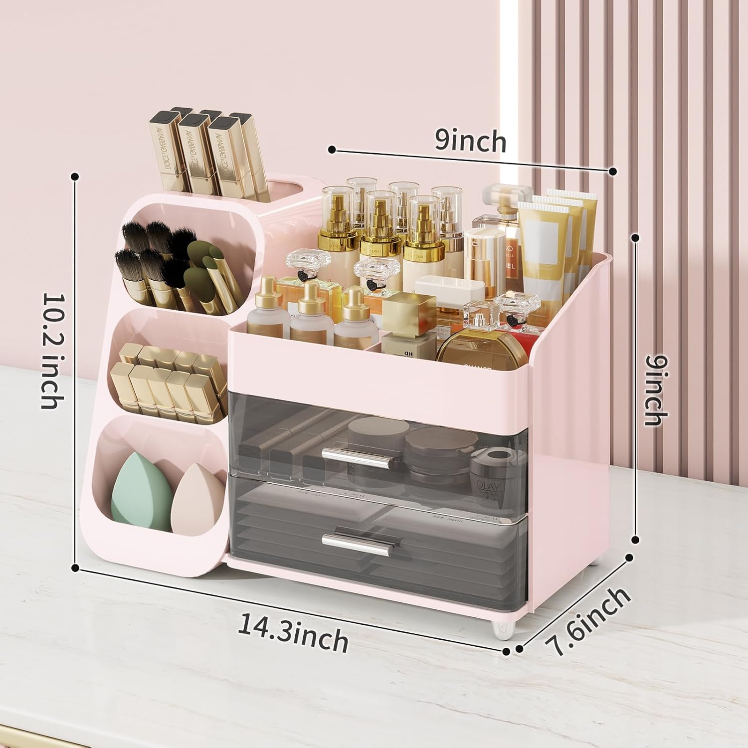 Makeup Organizer with Drawers for Vanity, Make Up Storage Kit, Spacious Cosmetic Display Case, Perfect Storage Solution for Beauty Essentials (Pink)