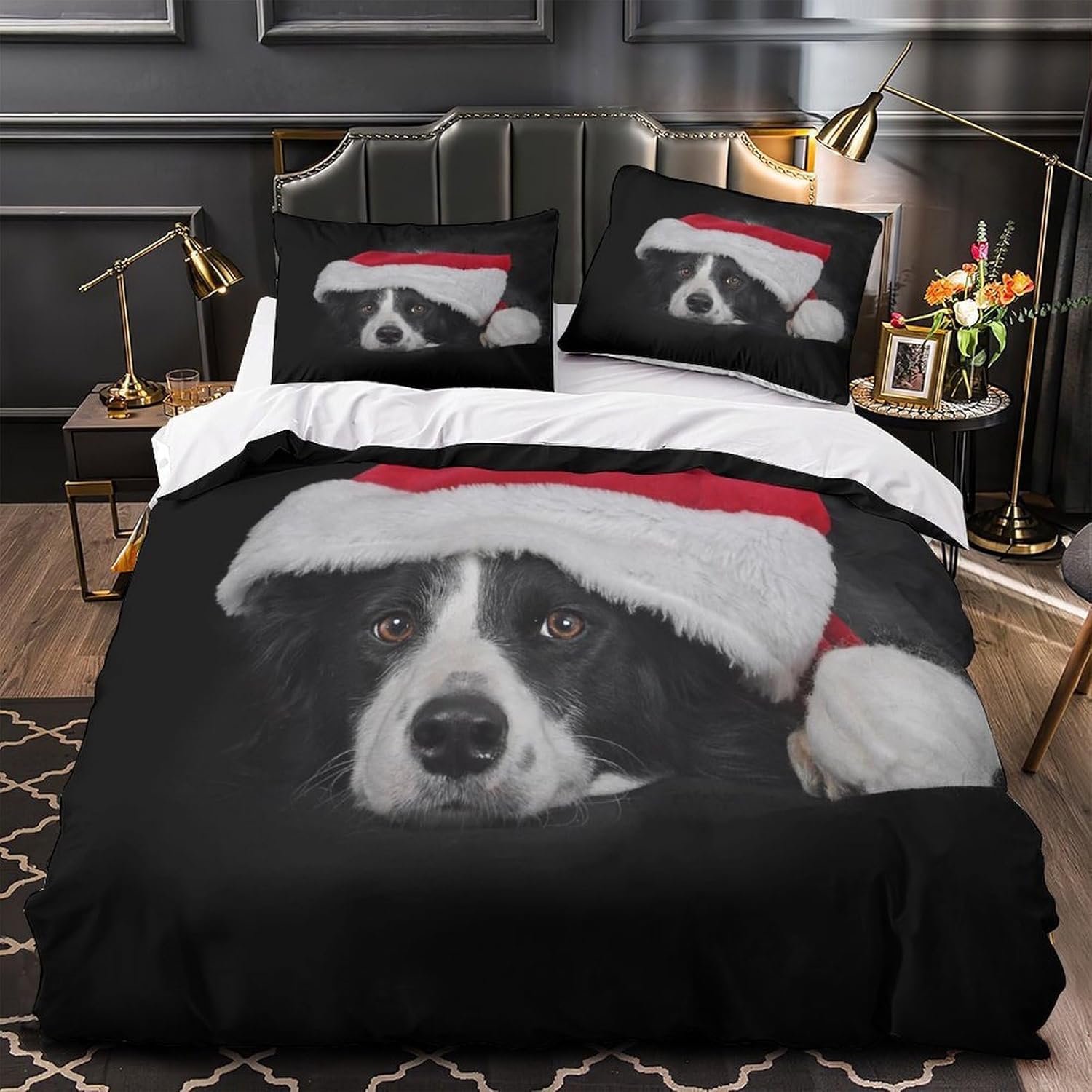 Czapka Świętego Mikołaja, zestaw poszewek na kołdrę w rozmiarze king size, 230 x 220 cm, Border Collie, czarna, hipoalergiczna poszewka na kołdrę z zamkiem błyskawicznym i 2 poszewkami na poduszki dla