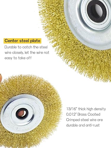 Vista 5 de Cepillo de rueda de alambre de banco de 6 pulgadas, alambre de acero prensado grueso, 0.012 pulgadas con eje de 5/8 pulgadas para amoladora de banco