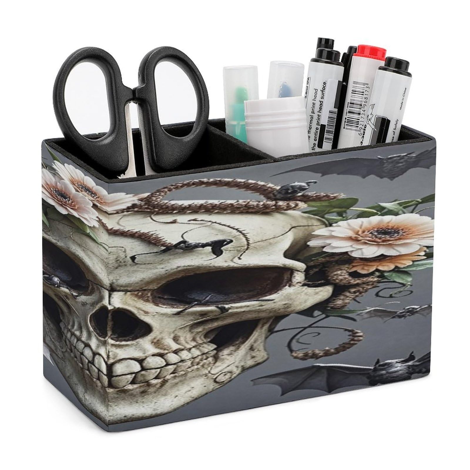 LZQPOEAS Skull Flower Leather Pen Holder with 2 Compartments Luxury Pencil Holder Minimalist Pencil Cup Brush Scissor Holders Elegant Pen Cup for Office Home Desk Accessories