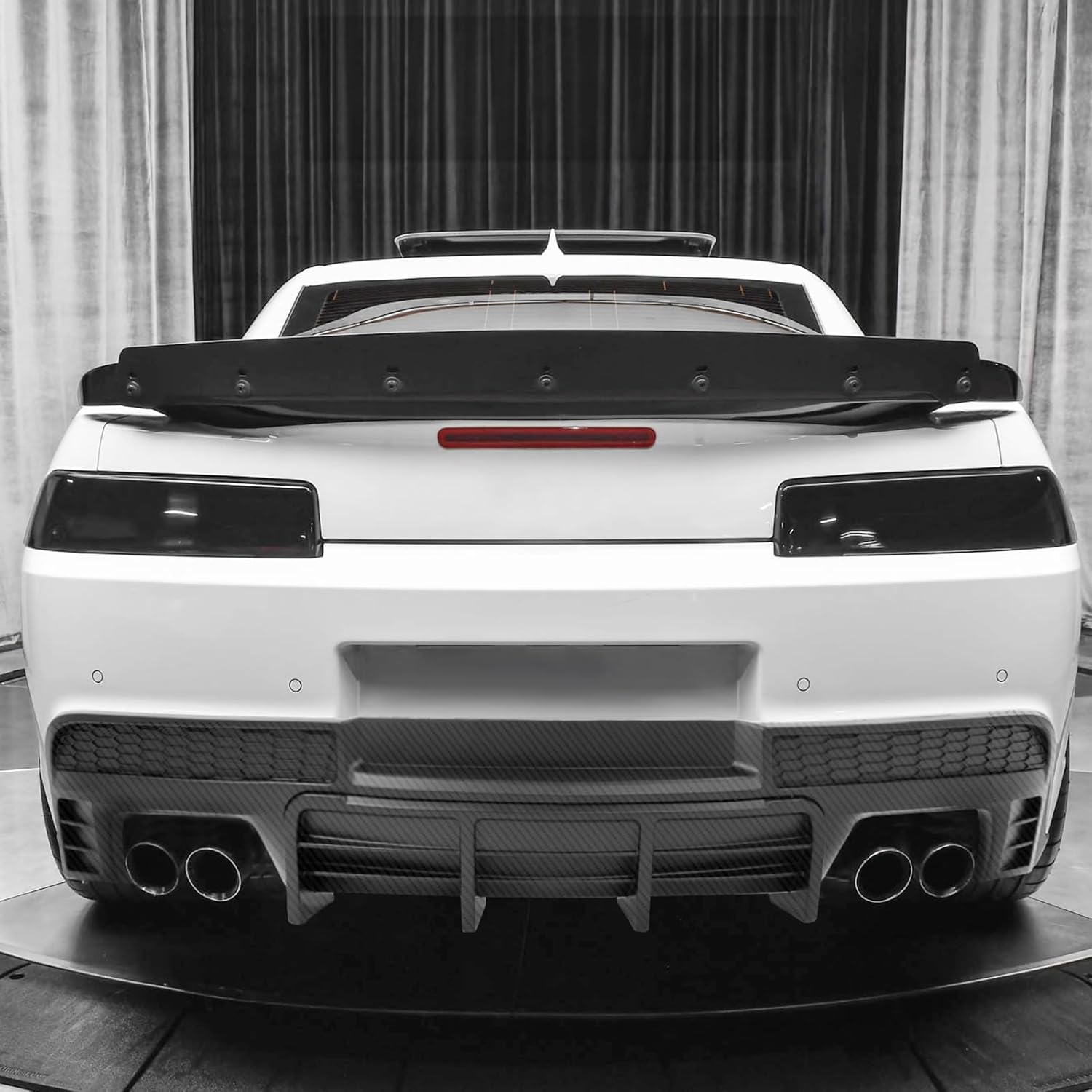 FREEMOTOR802 Compatible with 2014-2015 Chevrolet Camaro LT/LS Models Rear Bumper Lip + Quad Exhaust Tips, Ikon Style Carbon Fiber Print PP Rear Diffuser Lip Guard & Stainless Steel Exhaust Tips