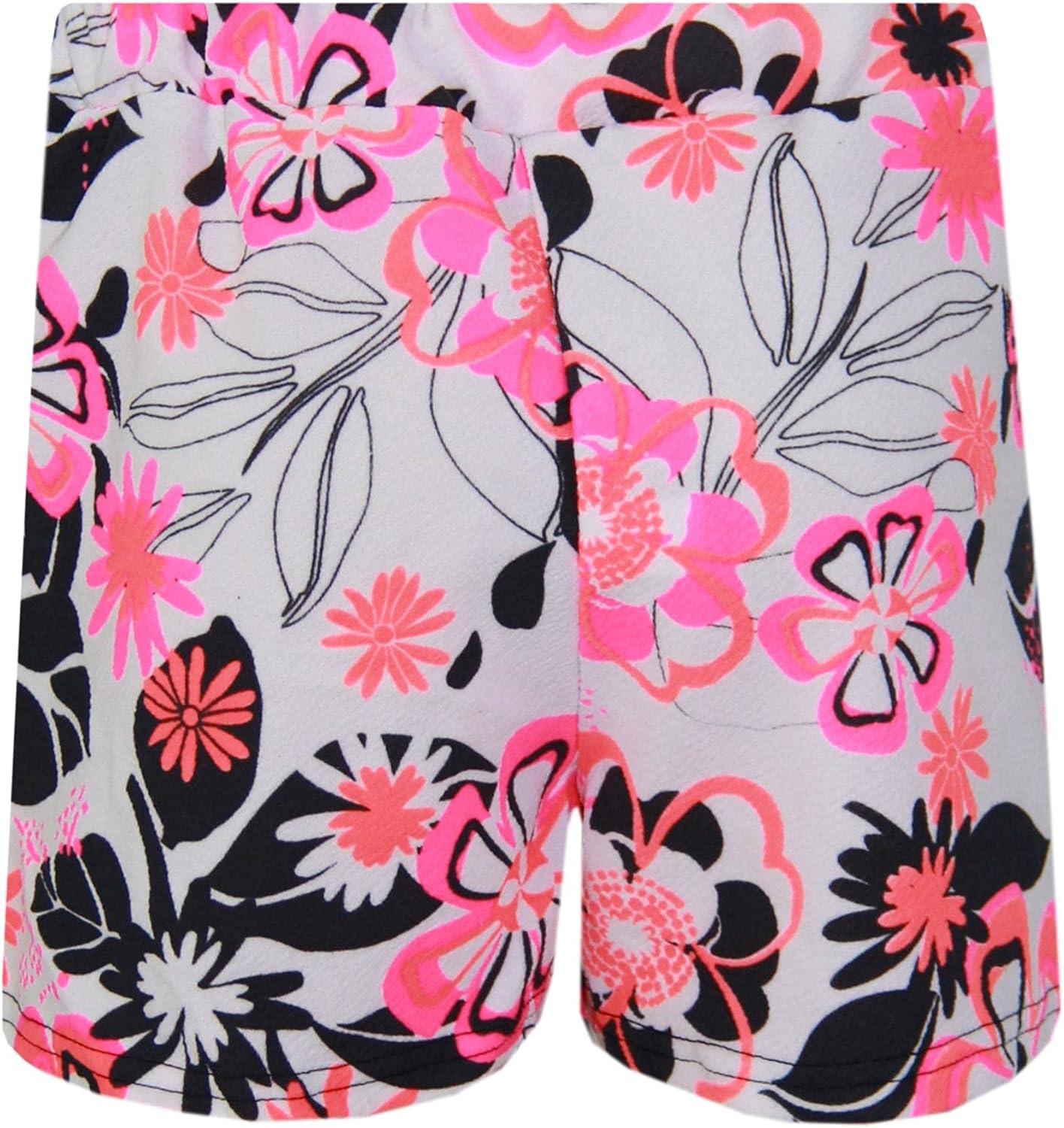 Kids Girls Crop Top & Shorts Neon Pink Floral Fashion Summer Outfit Short Sets