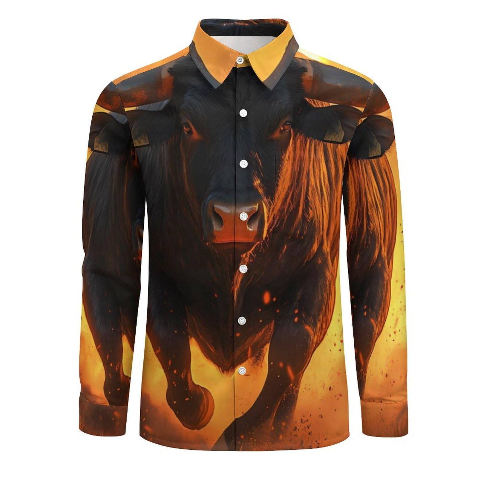 Angry Running Bull Sunset - Camicia casual da uomo a maniche lunghe con bottoni e tasca | T-shirt Top Scollo a V Poliestere