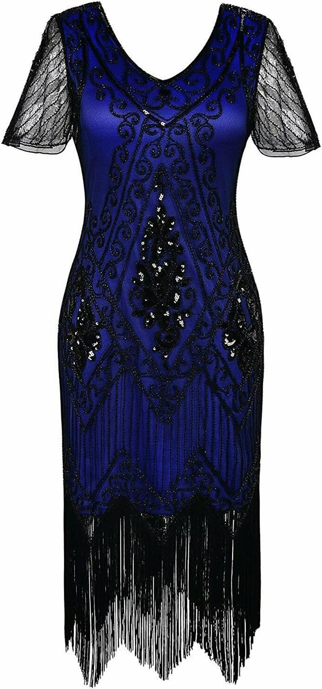 866A - Plus Size 1920s Vintage Fringed Gatsby Sequin Beaded Tassels Hem Flapper Party Prom Cocktail Dress with Accessories