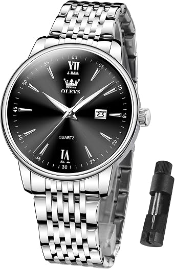 OLEVS mens watches,big dial watches for men,driver stainless steel watch,day date watch,mens analog quartz watch,waterproof watch men,roman numerals mens watches,Relojes para Hombre,silver band black