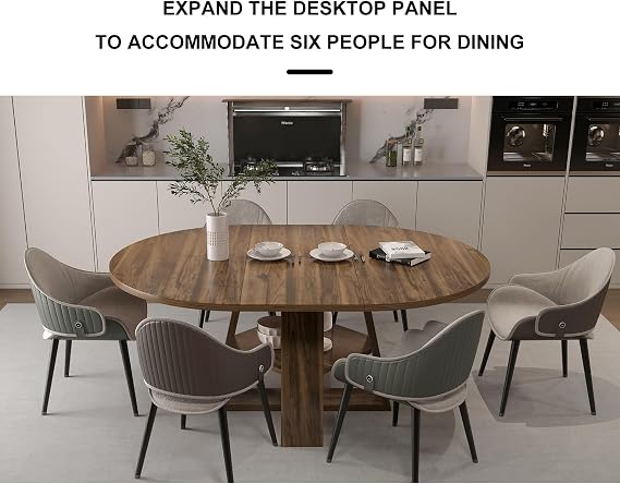 Extendable Round Dining Table, Folding Wooden Dinner Table for 4-6 People, Farmhouse Kitchen Table with Storage Shelves for Dining Room Living Room, Rustic Brown (Cross Base)