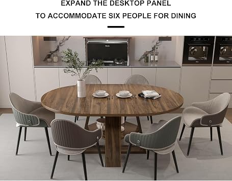 Extendable Round Dining Table, Folding Wooden Dinner Table for 4-6 People, Farmhouse Kitchen Table with Storage Shelves for Dining Room Living Room, Rustic Brown (Cross Base)