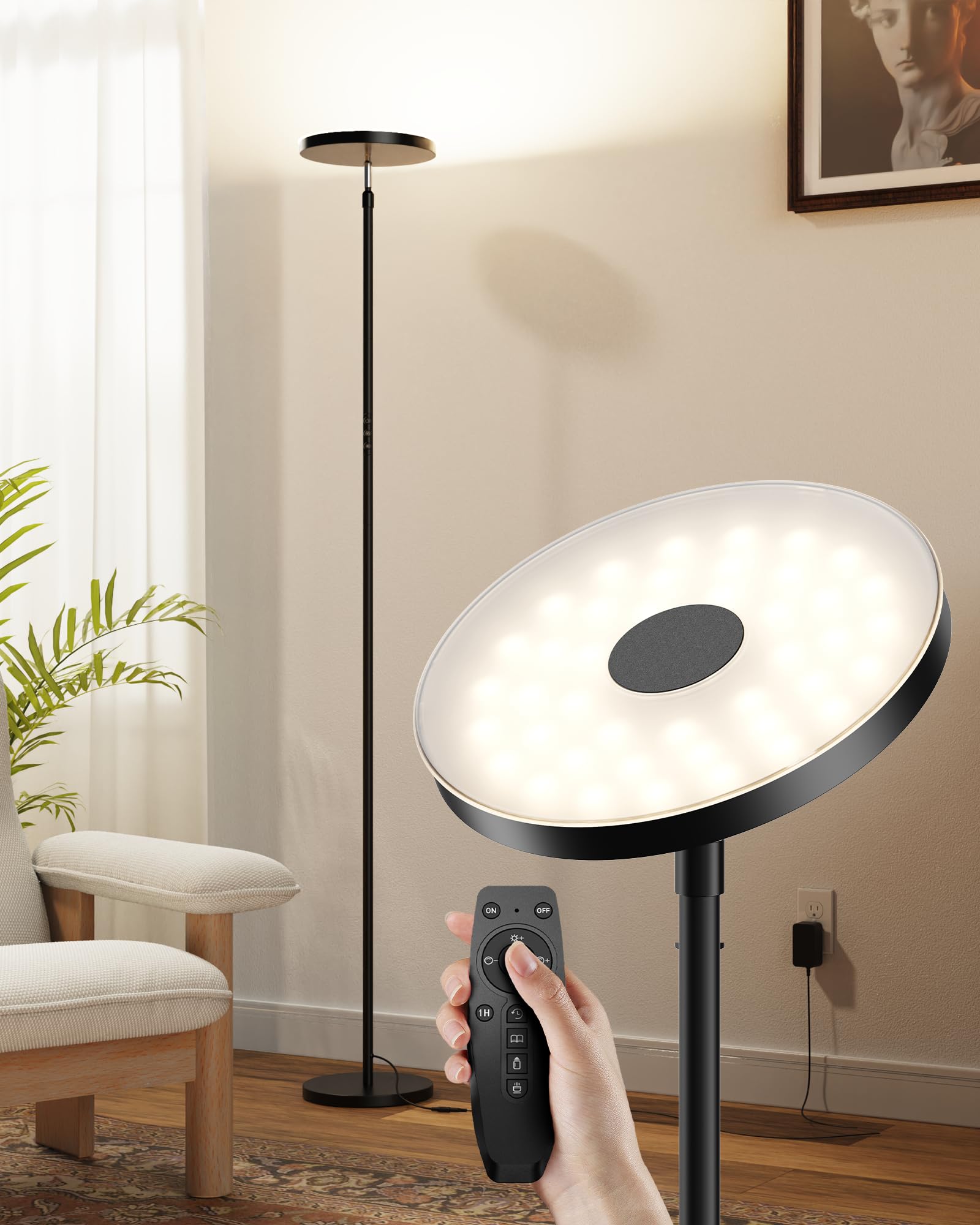 ULG Floor Lamp, 32W/3000LM LED Modern Torchiere, 3 Color Temperatures Super Bright-Tall Standing, 67-75”Adjustable Lamp, Pole Light with Remote & Touch Control for Living Room, Bed Room, Office(Black)