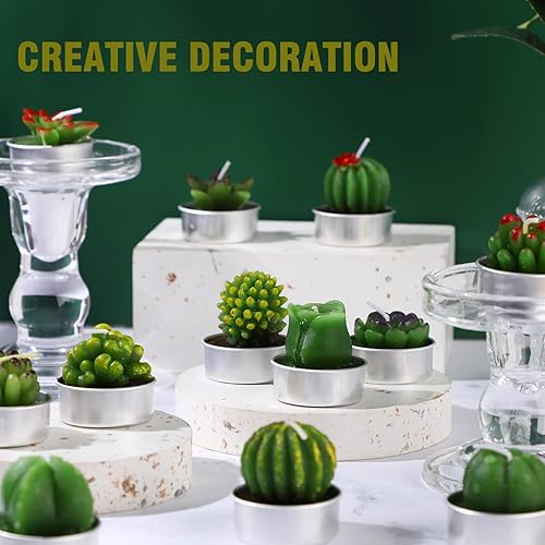 Miniatura 4 de TecUnite 12 velas de cactus hechas a mano, delicadas velas de cactus suculentas, sin humo, velas de plantas para decoración del hogar, cumpleaños,
