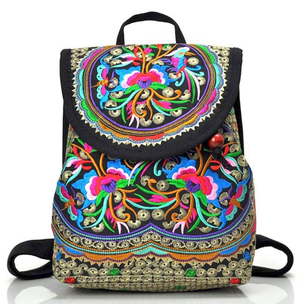 Goodhan Vintage Embroidered Women Backpack Ethnic Travel Handbag Shoulder Bag 12x10x5 inch Pink