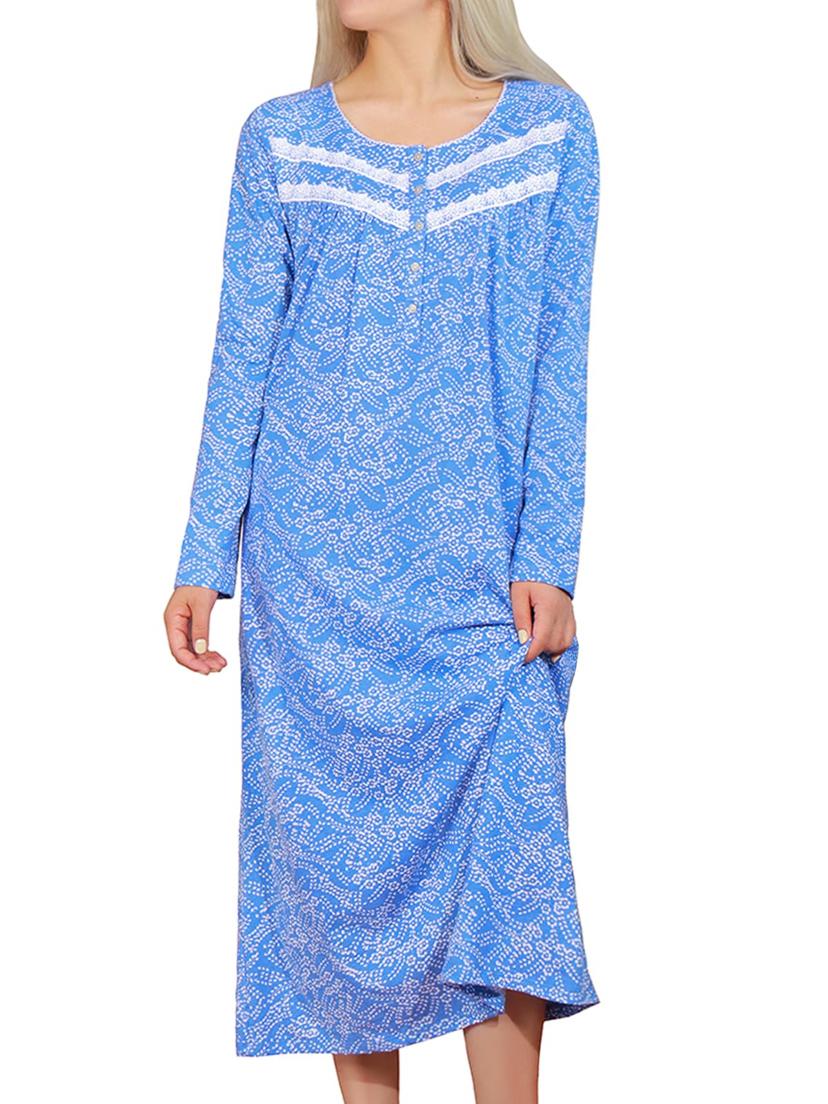 JRYNOEU Long Cotton Nightgowns for Women Long Sleeve Night Gowns Women's Sleepwear Full Length Nightdress Soft Loungewear