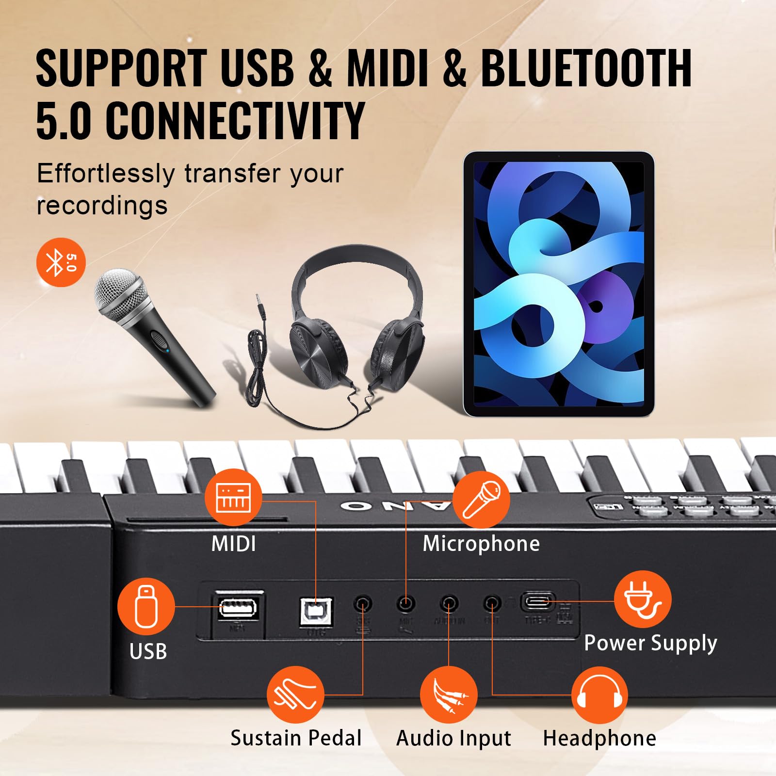 VEVOR Tastiera Pianoforte Digitale 88 Tasti Semi-pesati 1000 Suoni Bluetooth MIDI USB
