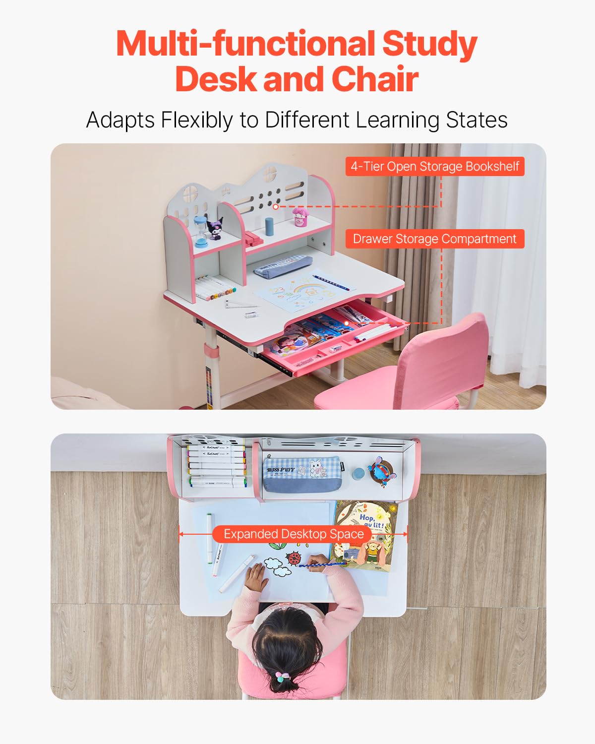 VEVOR Set Scrivania e Sedia per Bambini, Capacità di Carico di 100 kg Tavolo da Lavoro e Sedia per Bambini con Libreria e Cassetto, Regolabile in Altezza, per Camera da Letto e Studio, Rosa