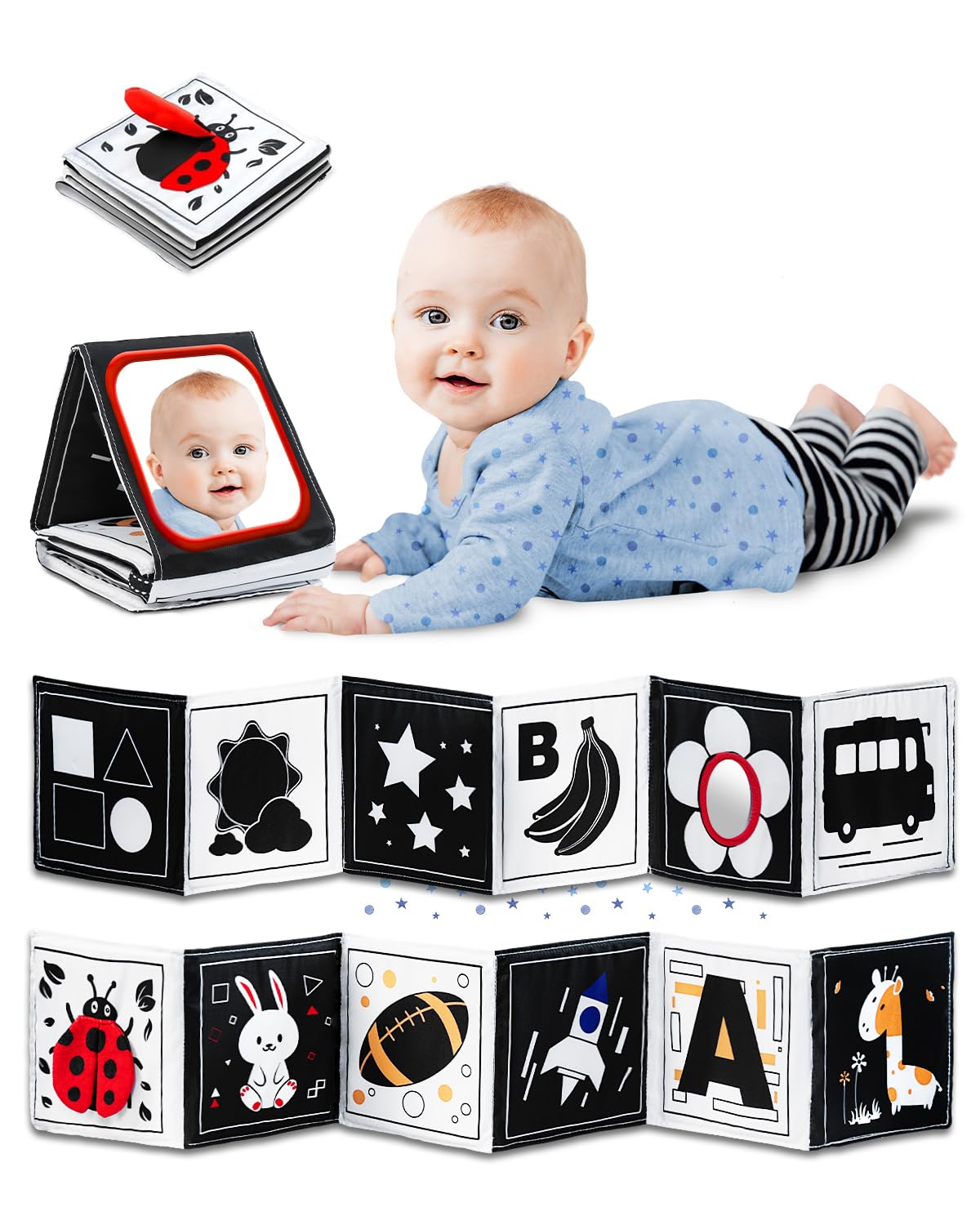 Juguetes para bebés de alto contraste en blanco y negro para recién nacidos de 0 a 6 meses, tarjetas de contraste y libro sensorial para bebés con espejo, juguetes infantiles para estimulación visual