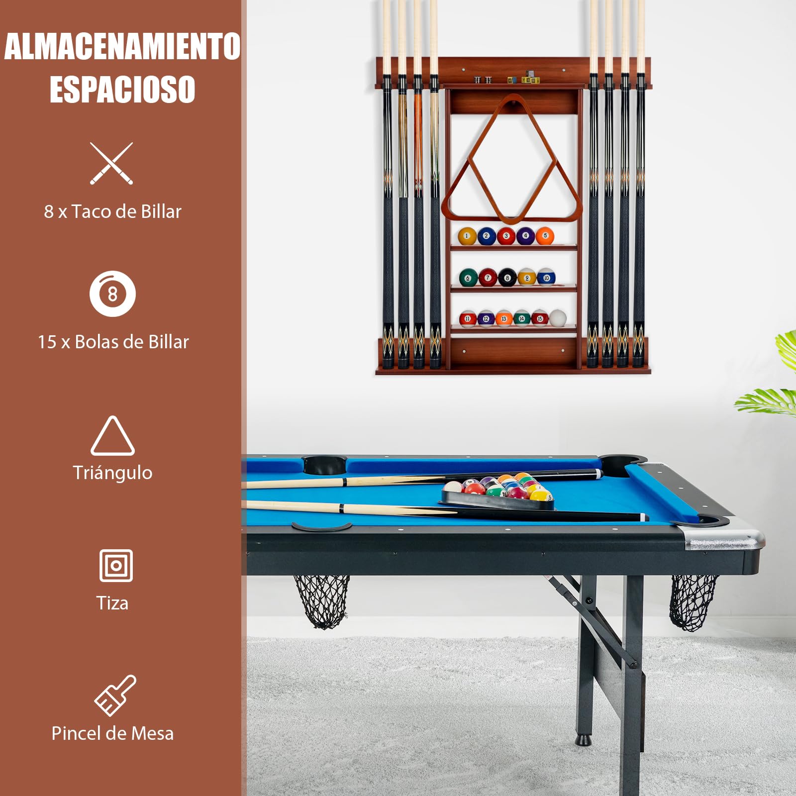 GYMAX Soporte para Tacos de Billar de Madera de Pino, Soporte para Tacos de Billar para 8 Tacos, 15 Bolas de Billar y Accesorios de Billar, Accesorios de Mesa de Billar para Sala de Billar, Bar, Club