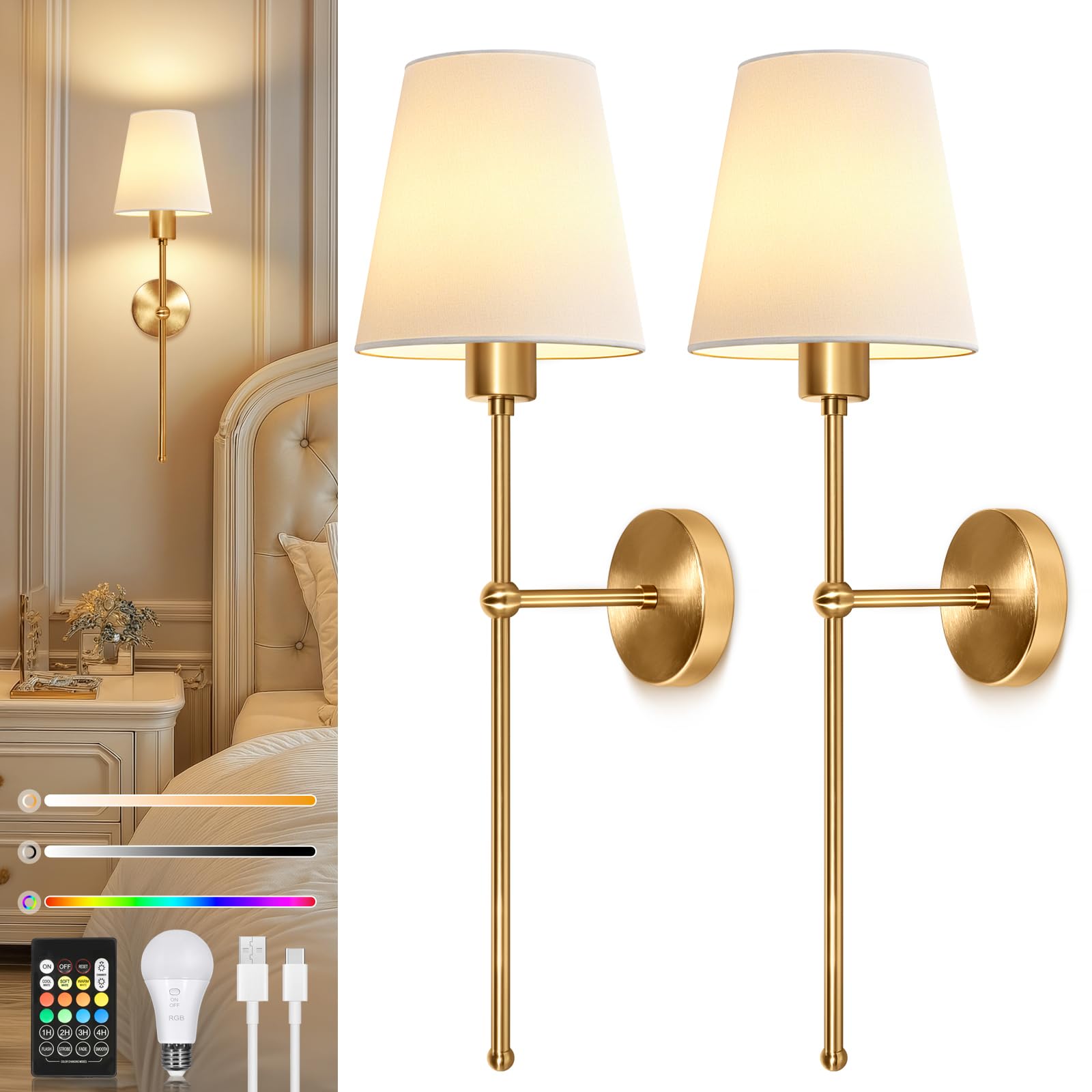 Ketom 2 Stück Wandleuchte Innen Akku, Wandlampe Innen LED Dimmbar, LED Wandleuchte Kabellos mit Fernbedienung, Timerfunktion, 3 Farbtemperaturen