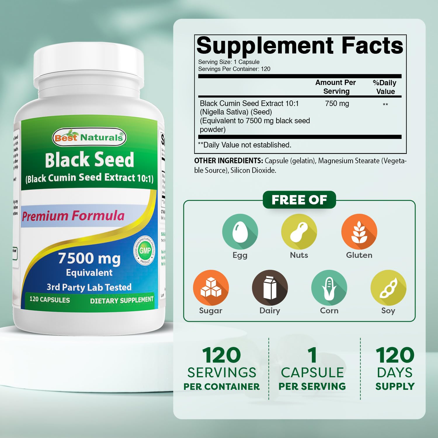 Best Naturals Black Seed (Black Cumin Seed Extract 10:1) 750 mg Per Serving- 120 Capsules — Amazon image 2