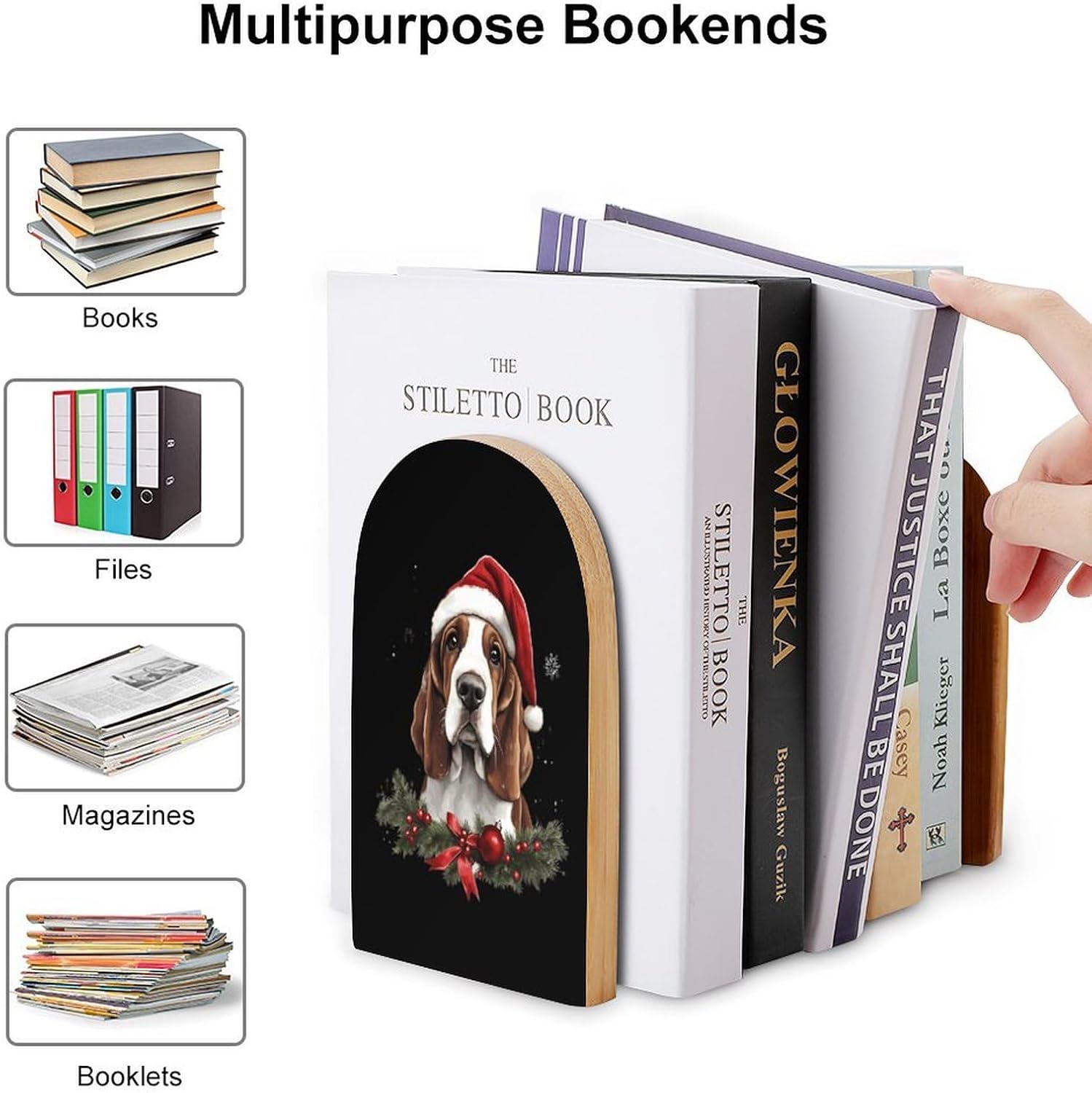 Basset Hound Christmas Cute Wood Book Ends Decorative Bookends 1 Pair Non-Skid for Shelves Home Office 7 X 5 Inch