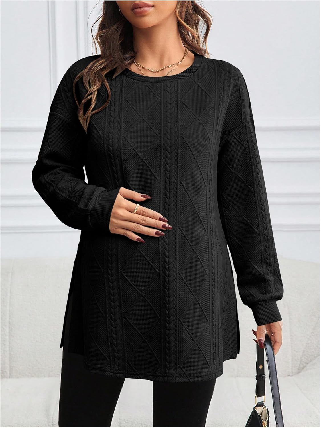 MakeMeChic Women's Maternity Sweatshirt Round Neck Long Sleeve Split Pregnancy Shirt Fall Maternity Clothes Tops