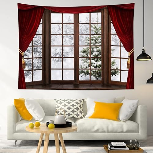 LB Tapiz de bosque de invierno para colgar en la pared, diseño de pino, selva nevada, para dormitorio, estético, ventana exterior, escena de nieve, disponible en Yaxa El Salvador