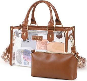 PACKISM Small Clear Purse Tote Bag for Women - Stadium Approved | Privacy Inner Bag, Wide Adjustable Comfort Strap, Leather Handles, 0.5mm Thick PVC, Clear Tote for Concerts Sports Daily