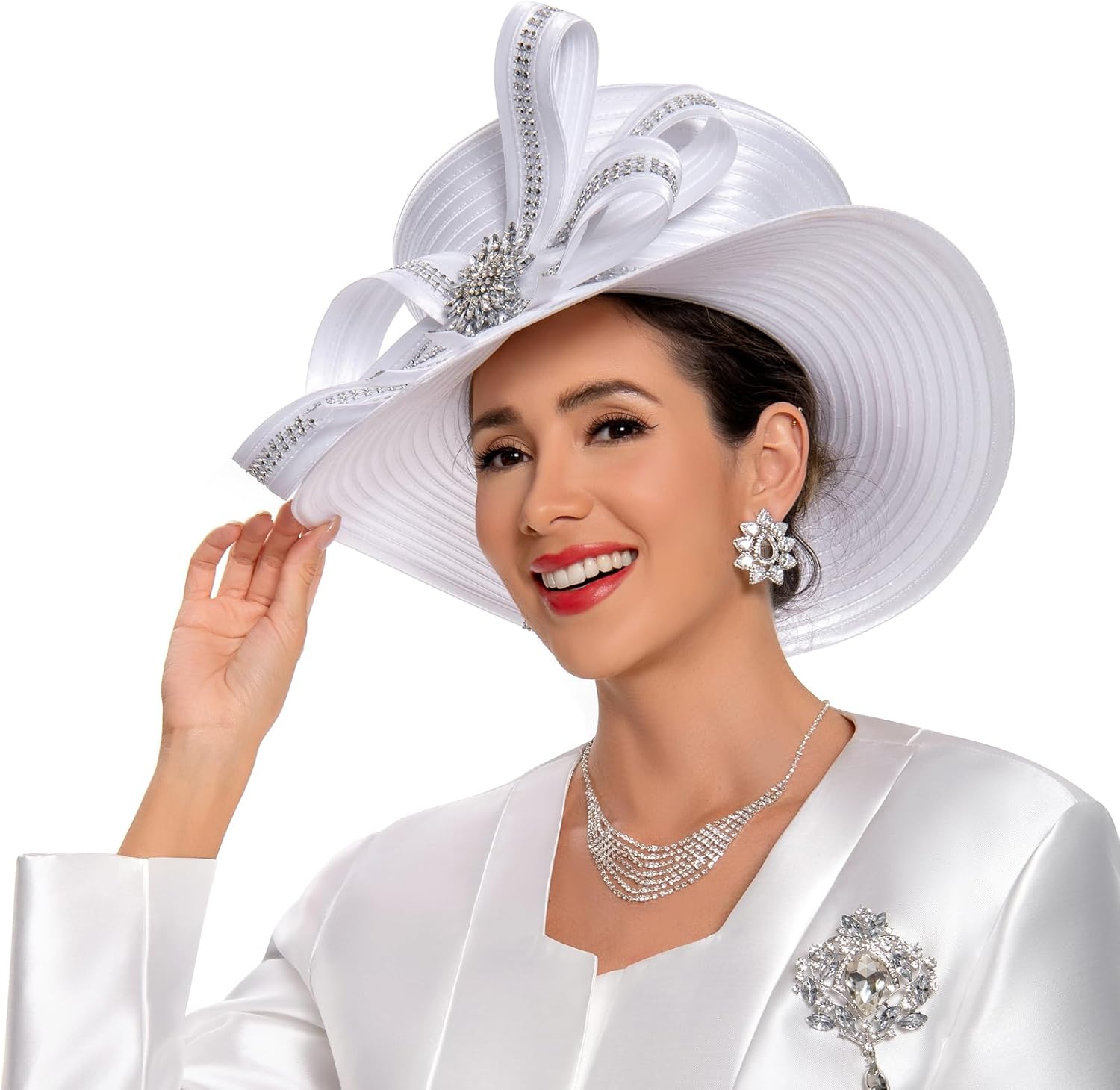 Women's Church Hat for Baptism Wedding Wide Brim Rhinestone Fascinator Sunday Chapel Tea Party Hat