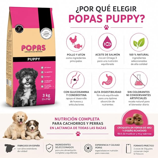 Foto 3 de 8 de POPAS Pienso para Cachorros, Comida para Perros, Alimento Seco con Pollo y Aceite de Salmón